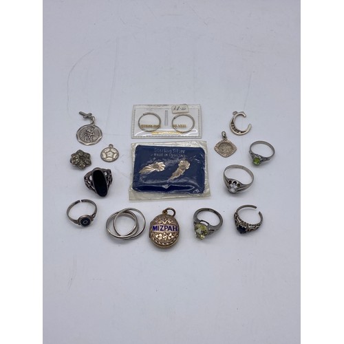 598 - SELECTION OF SILVER AND WHITE METAL STONE SET DRESS RINGS AND PUZZLE RING ST CHRISTOPHER PENDANTS AN... 