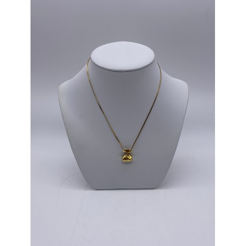 540 - 14CT GOLD NECKLACE WITH STAMPED 750 18CT GOLD SACK PENDANT 6.8G OVERALL