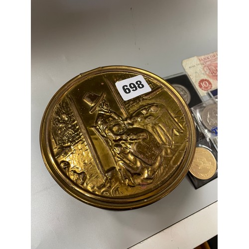 698 - BRASS TIN OF SOME PRE DECIMAL COINS, TEN SHILLING NOTE, AND ROYAL COMMEMORATIVE WEDDING AND JUBILEE ... 