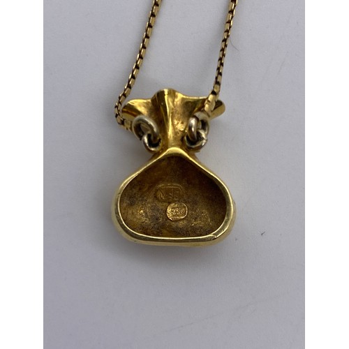 540 - 14CT GOLD NECKLACE WITH STAMPED 750 18CT GOLD SACK PENDANT 6.8G OVERALL