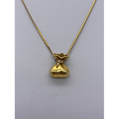 540 - 14CT GOLD NECKLACE WITH STAMPED 750 18CT GOLD SACK PENDANT 6.8G OVERALL