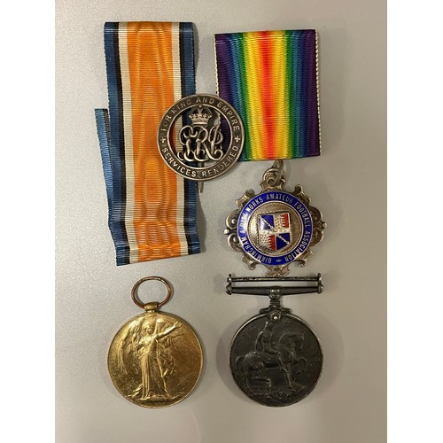 697 - WWI MEDAL DUO TO 47916 PTE. A. O. SCOTT NORTHUMBERLAND FUS WITH RIBBONS, FOR KING AND EMPIRE LAPEL P... 