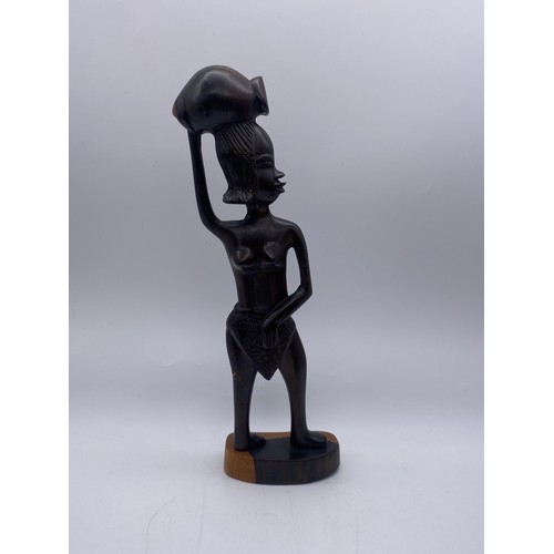 665 - PAIR OF EBONY CARVED AFRICAN BUSTS, AND TWO HARDWOOD FIGURES