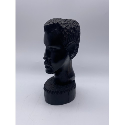 665 - PAIR OF EBONY CARVED AFRICAN BUSTS, AND TWO HARDWOOD FIGURES