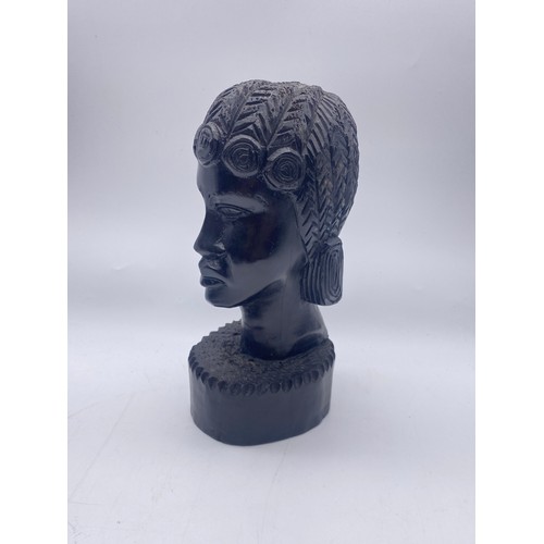 665 - PAIR OF EBONY CARVED AFRICAN BUSTS, AND TWO HARDWOOD FIGURES