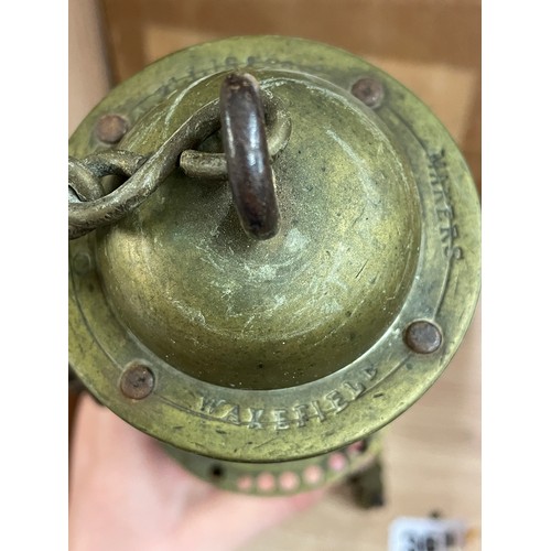 361 - CORBY TIE PRESS, BRASS TANKARD, ELECTRIFIED MINERS LAMP AND VINTAGE IRONS