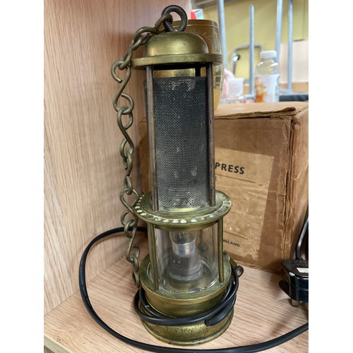 361 - CORBY TIE PRESS, BRASS TANKARD, ELECTRIFIED MINERS LAMP AND VINTAGE IRONS