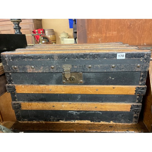 71 - SMALL BLACKENED BANDED STEAMER TRUNK