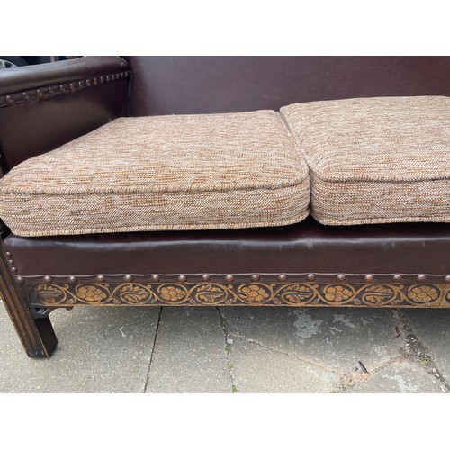 154 - OAK CARVED SHOW FRAME AND REXINE SOFA