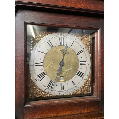 163 - COTTAGE OAK LONG CASE 30 HOUR CLOCK WITH BRASS FACE SIGNED THOMAS RANGER CHEAPSTEAD