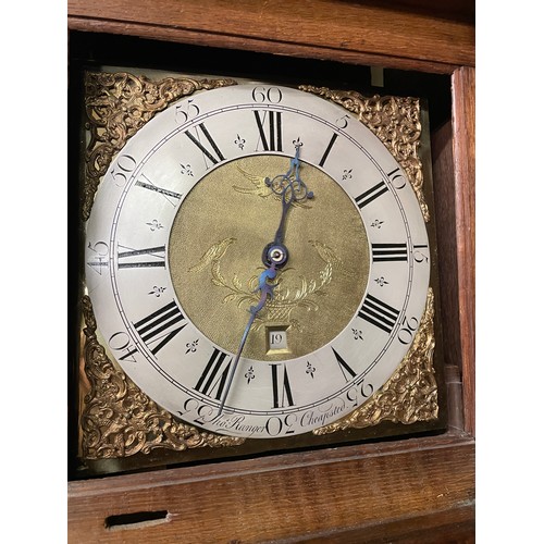 163 - COTTAGE OAK LONG CASE 30 HOUR CLOCK WITH BRASS FACE SIGNED THOMAS RANGER CHEAPSTEAD