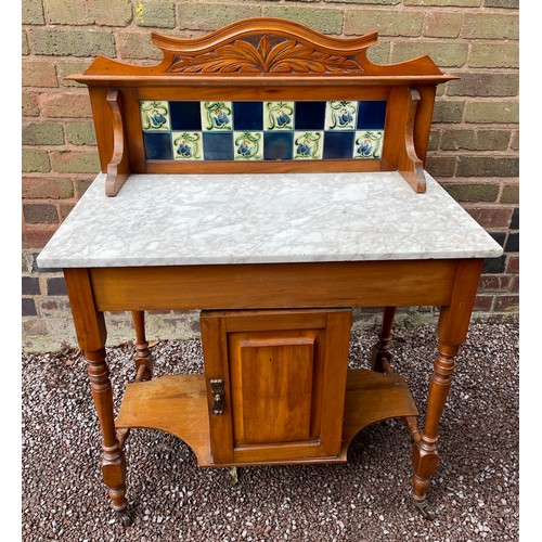 150 - EDWARDIAN SATIN WOOD TILE BACK MARBLE TOP WASH STAND