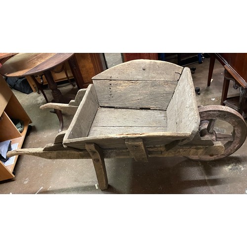 148 - VINTAGE RUSTIC WHEEL BARROW WITH SPARE WHEEL