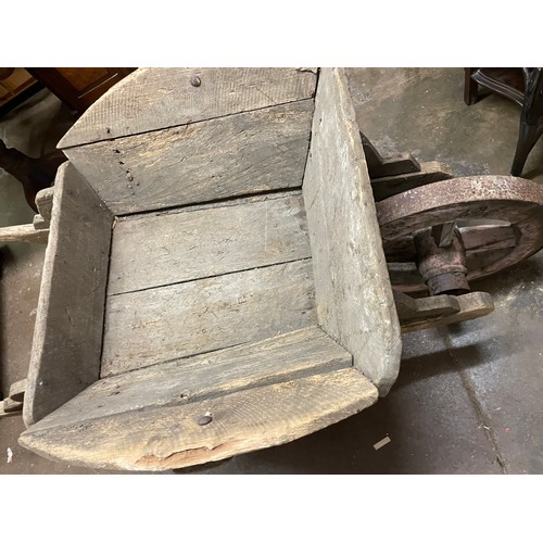 148 - VINTAGE RUSTIC WHEEL BARROW WITH SPARE WHEEL