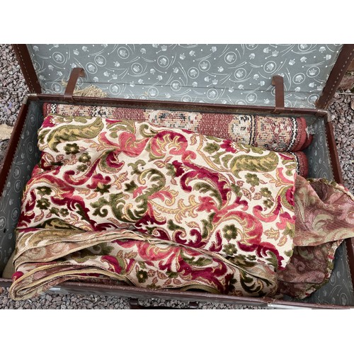 177 - SUITCASE CONTAINING FLORAL BROCADE CURTAINS AND RUG