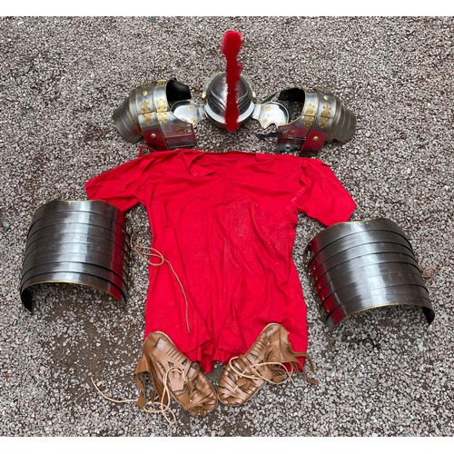 230 - REPLICA ROMAN HELMET, BREAST PLATES, ARMOUR AND SANDALS