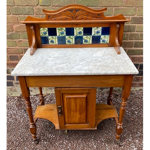 150 - EDWARDIAN SATIN WOOD TILE BACK MARBLE TOP WASH STAND