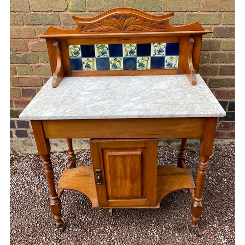 150 - EDWARDIAN SATIN WOOD TILE BACK MARBLE TOP WASH STAND