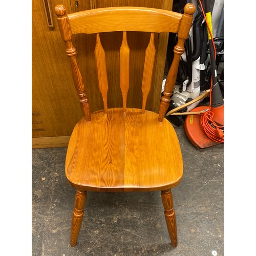 29 - PINE FARMHOUSE TYPE REFECTORY TABLE AND SIX CHAIRS (ONE MATCHED)