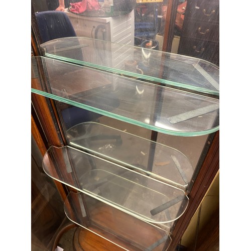 191 - FREDERICK SAGE AND CIE LTD SHOP FITTERS UPRIGHT MAHOGANY BOW GLAZED VITRINE CABINET WITH ADJUSTABLE ... 