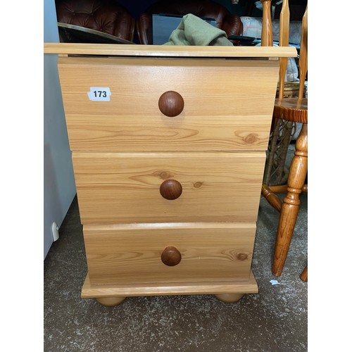 173 - PINE THREE DRAWER BEDSIDE CHEST