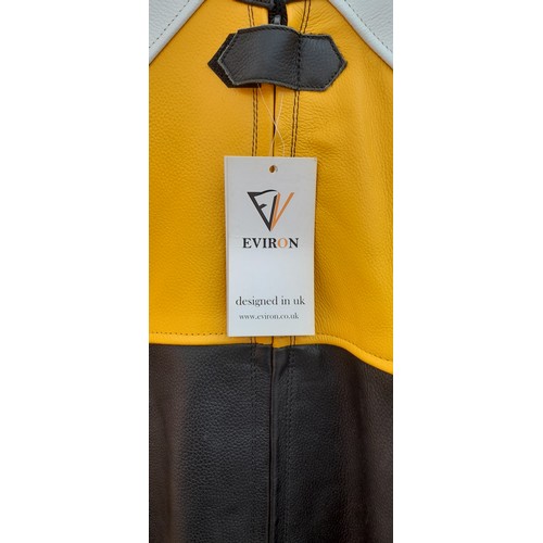 130 - EVIRON LEATHER BLACK AND YELLOW 4XL MOTOR CYCLISTS JACKET AND TROUSERS