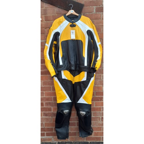 130 - EVIRON LEATHER BLACK AND YELLOW 4XL MOTOR CYCLISTS JACKET AND TROUSERS