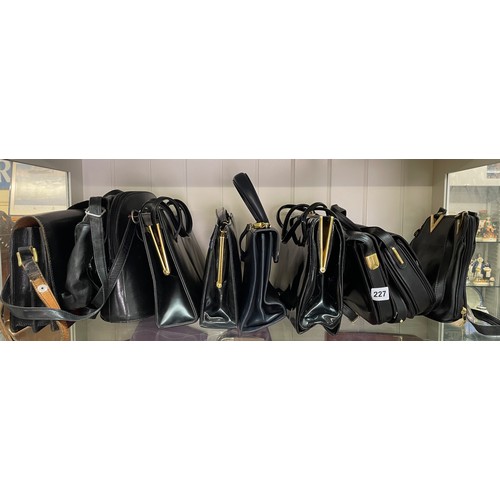 227 - TOP SHELF OF LADIES BLACK HANDBAGS AND CLUTCH BAGS