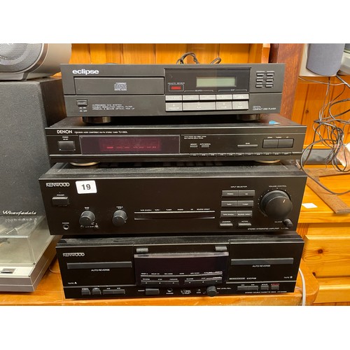 19 - HITACHI TURN TABLE, KENWOOD TUNER, AND DOUBLE CASSETTE DECK, DENON STEREO TUNER AND SONY CD PLAYER