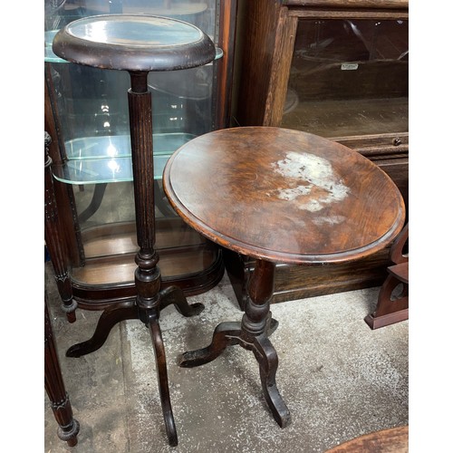 139 - BEECH FLUTED TRIPOD CANDLE STAND AND 19TH CENTURY WINE TABLE