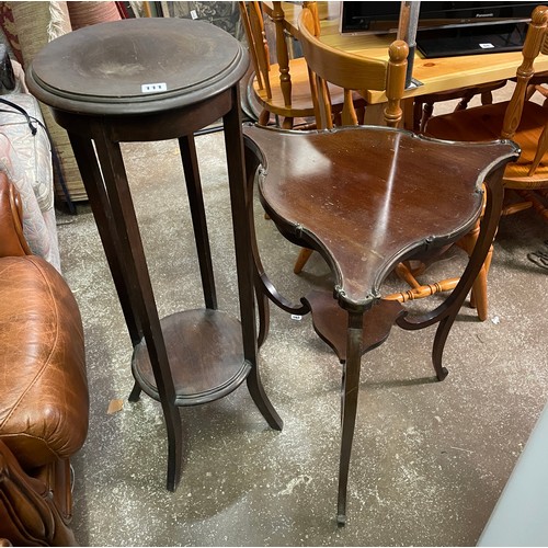 111 - EDWARDIAN JARDINIERE STAND AND MAHOGANY TRIFORM OCCASIONAL TABLE