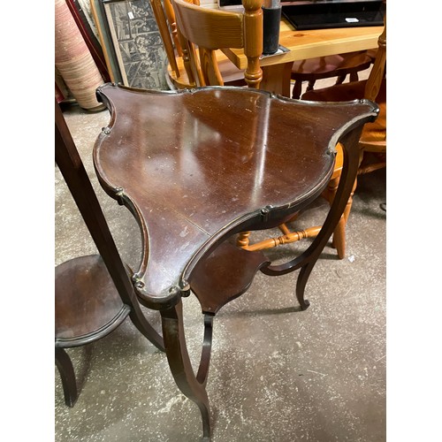 111 - EDWARDIAN JARDINIERE STAND AND MAHOGANY TRIFORM OCCASIONAL TABLE