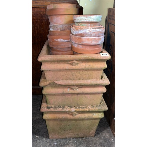 189 - THREE TERRACOTTA SQUARE SECTION PLANTERS  & OTHERS