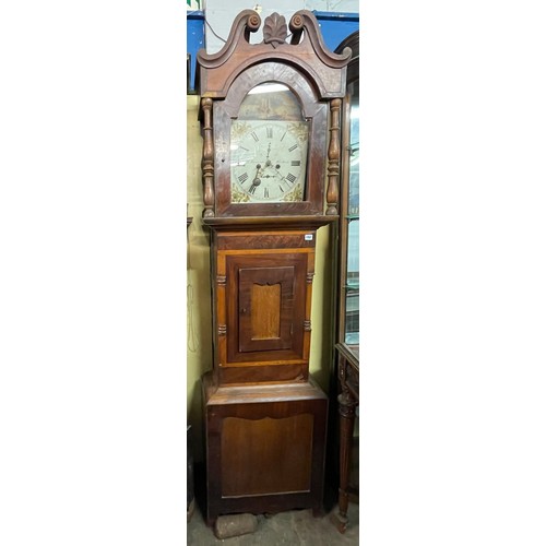 192 - 19TH CENTURY MAHOGANY AND OAK CROSS BANDED LONG CASED CLOCK WITH PAINTED MOVEMENT WAEXANDER HEXHAM A... 