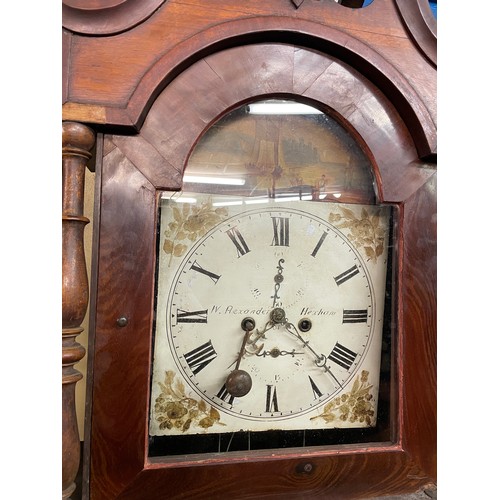 192 - 19TH CENTURY MAHOGANY AND OAK CROSS BANDED LONG CASED CLOCK WITH PAINTED MOVEMENT WAEXANDER HEXHAM A... 