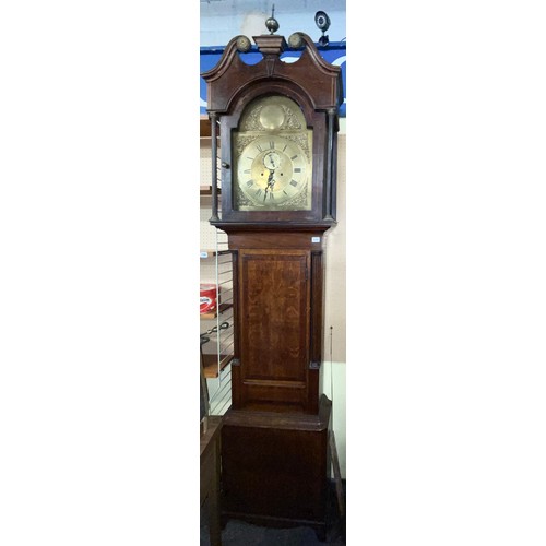 194 - MAHOGANY AND OAK INLAID LONG CASED CLOCK WITH BRASS ARCHED DIAL SIGNED THOMAS WATTS OF BURY A/F