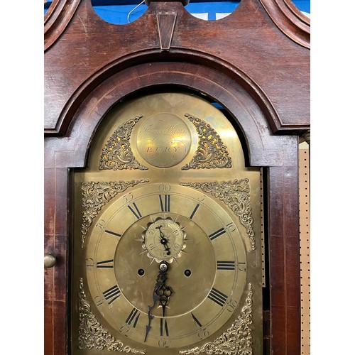 194 - MAHOGANY AND OAK INLAID LONG CASED CLOCK WITH BRASS ARCHED DIAL SIGNED THOMAS WATTS OF BURY A/F