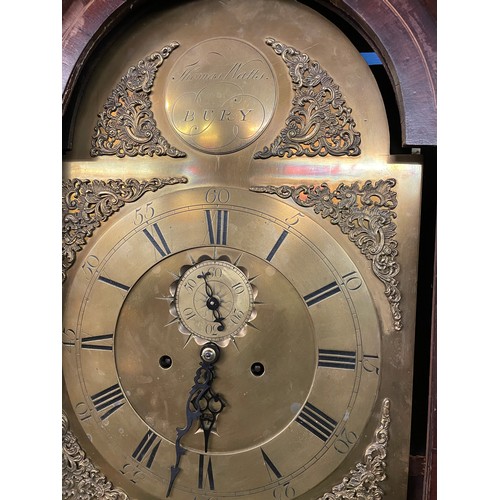 194 - MAHOGANY AND OAK INLAID LONG CASED CLOCK WITH BRASS ARCHED DIAL SIGNED THOMAS WATTS OF BURY A/F