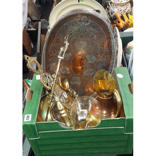 493 - CARTON OF BRASSWARE INC WARMING PAN, COPPER JUGS AND SERVING TRAY