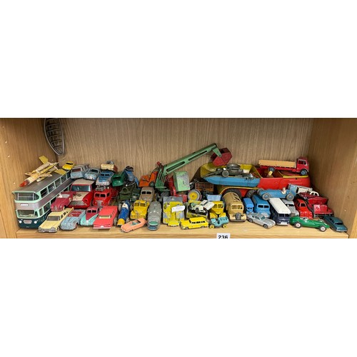 236 - SHELF OF VINTAGE PLAYWORN DIE CAST CARS, PLANT VEHICLES, COACHES, AND WAGONS