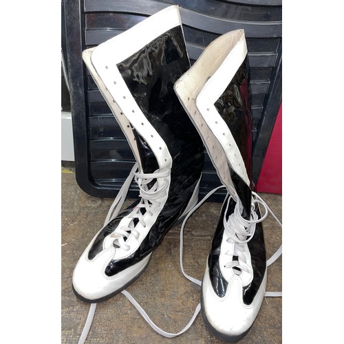 238 - PAIR OF BLACK AND WHITE VINYL EFFECT WRESTLING BOOTS 18 EYELET