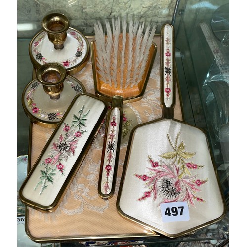 497 - FLORAL NEEDLE POINT DRESSING TABLE SET