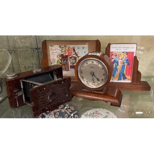 499 - NATHAN AND CO OF BIRMINGHAM ELLIOTT WALNUT CASED DRUM MANTLE TIME PIECE, NUMBER II BAKELITE HAWKETTE... 