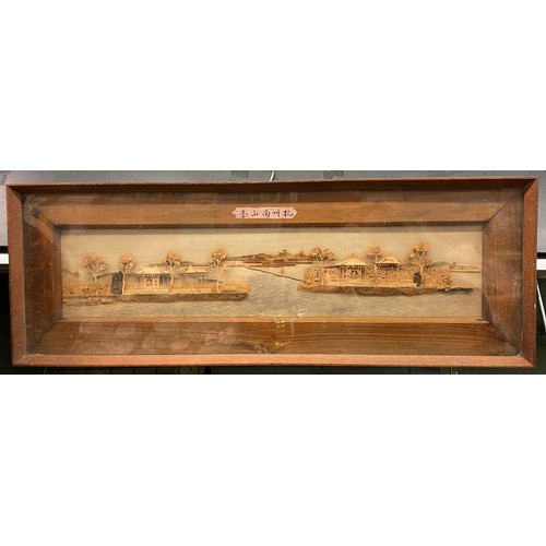 466 - CORK DIORAMA OF A RIVER FRONT FRAMED AND GLAZED