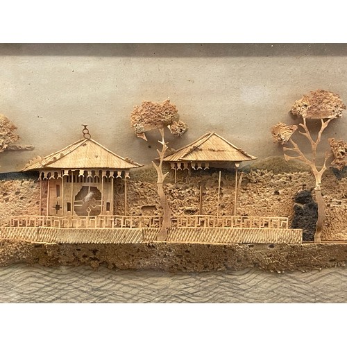 466 - CORK DIORAMA OF A RIVER FRONT FRAMED AND GLAZED