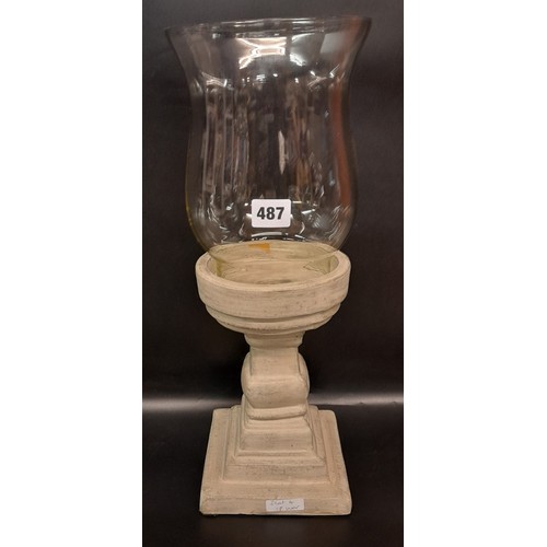 487 - POTTERY AND GLASS PEDESTAL CANDLE LANTERN