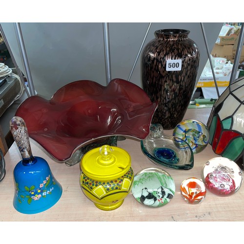 500 - ROYAL BRIERLEY STUDIOS OVOID VASE, CAITHNESS PAPERWEIGHTS AND A PAINTED GLASS BELL AND OTHER GLASSWA... 