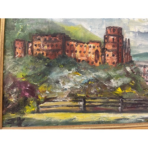 462 - 20TH CENTURY OIL ON BOARD CASTLE AT HEIDELBERG