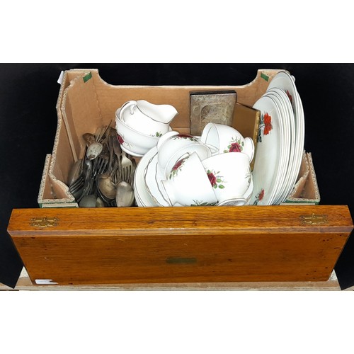 505 - CARTON - COLCLOUGH ROSE PART TEASET, EPNS CUTLERY, AND PART HORN HANDLED CARVING SET