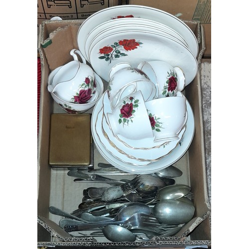 505 - CARTON - COLCLOUGH ROSE PART TEASET, EPNS CUTLERY, AND PART HORN HANDLED CARVING SET